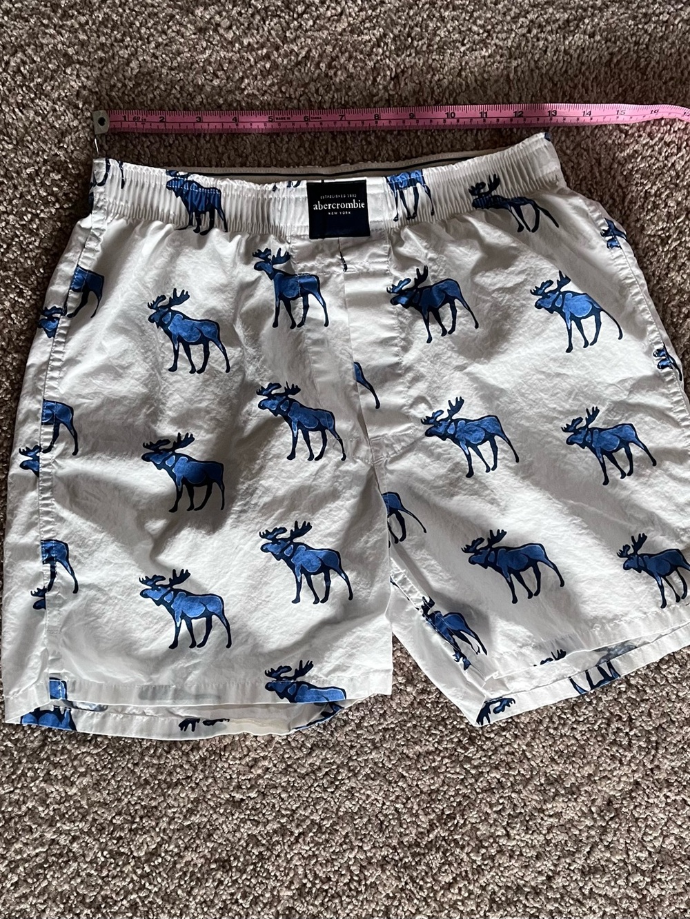 Abercrombie Men’s Boxers White with Blue Moose Pattern, Size Large